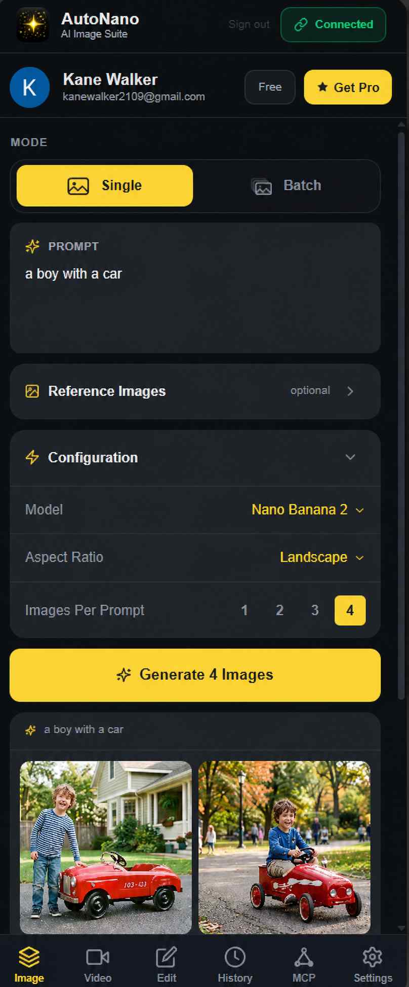AutoNano Image tab showing prompt, reference images, model, and generation controls