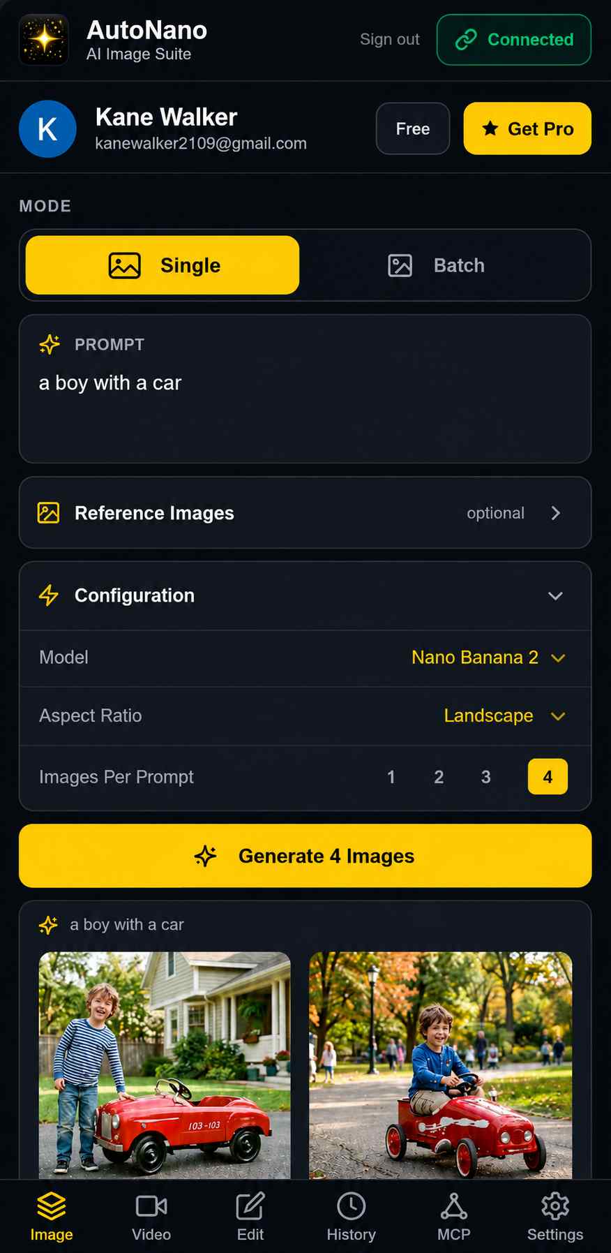 AutoNano Image tab showing prompt, reference images, model, and generation controls